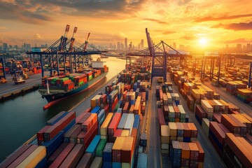 A massive container ship is docked at a busy port, with a vibrant city skyline visible in the background under the golden light of sunset, illustrating global connectivity.