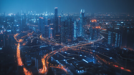 Fototapeta premium Smart digital Innovation city with connection network reciprocity over the cityscape. of future smart wireless digital city and social media networking systems that connects people with in city