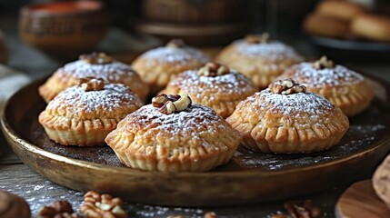 Delicious mini walnut pies dusted with powdered sugar on a rustic tray.