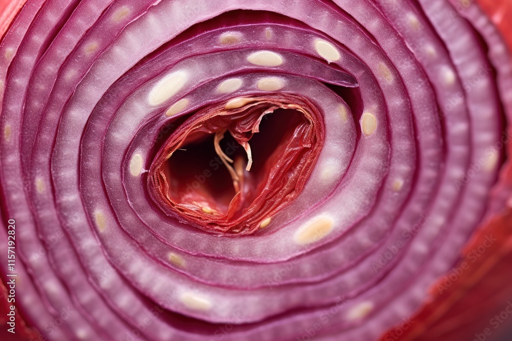 Poster extreme close-up of the dissected surface of a red onion, highlighting the unique pattern and rich h