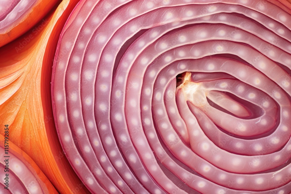 Poster extreme close-up of the dissected surface of a red onion, highlighting the unique pattern and rich h