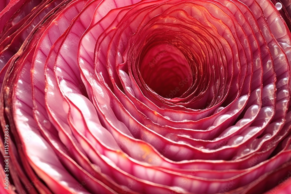 Poster extreme close-up of the dissected surface of a red onion, highlighting the unique pattern and rich h