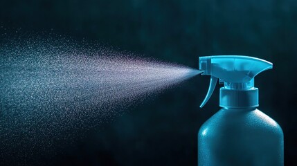 A close-up of an illuminated blue spray bottle spraying water against a dark background, symbolizing the use of cleaning product for rooms and surfaces in your home or office. Isolated on a pastel bac
