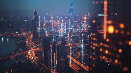 Fototapeta premium Smart digital Innovation city with connection network reciprocity over the cityscape. of future smart wireless digital city and social media networking systems that connects people with in city