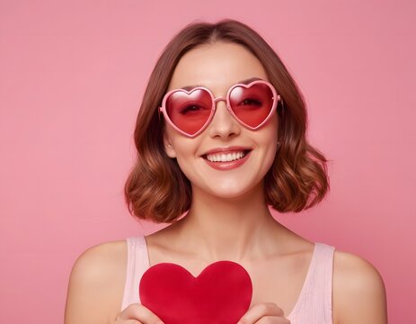 cute young beautiful smiling girl in cheerful mood looking into the camera closeup shot valentine's day & happy birthday theme isolated on pink background wearing heart shaped glasses