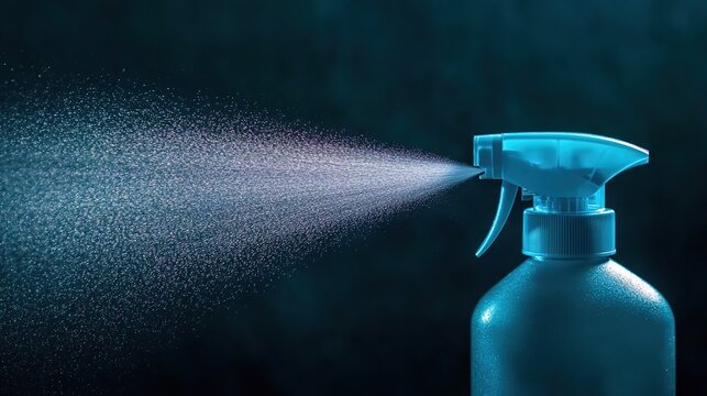 A close-up of an illuminated blue spray bottle spraying water against a dark background, symbolizing the use of cleaning product for rooms and surfaces in your home or office. Isolated on a pastel bac
