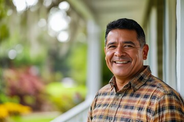 Fototapeta premium A man in a plaid shirt beams a broad smile while standing on a porch, suggesting a mood of happiness and relaxation surrounded by greenery and nature’s beauty.