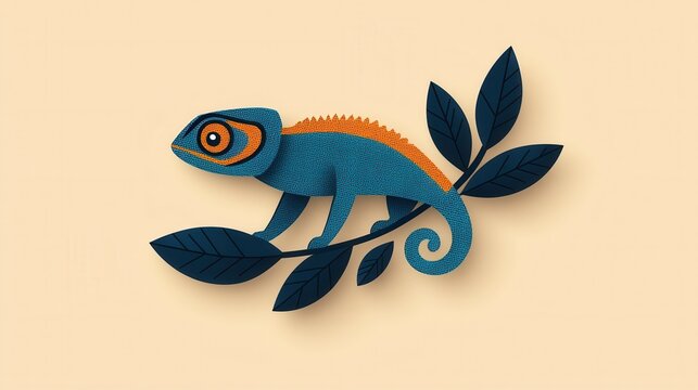 Colorful Cartoon Chameleon Perched on Leaf Branch in Minimalist Design