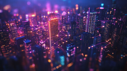 Fototapeta premium Smart digital Innovation city with connection network reciprocity over the cityscape. of future smart wireless digital city and social media networking systems that connects people with in city