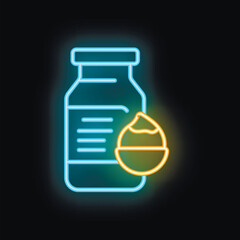Glowing neon line icon of vegan milk alternative in glass bottle with macadamia nut for healthy eating