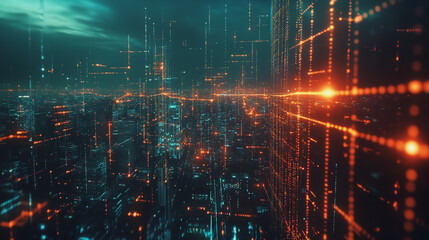 Fototapeta premium Smart digital Innovation city with connection network reciprocity over the cityscape. of future smart wireless digital city and social media networking systems that connects people with in city