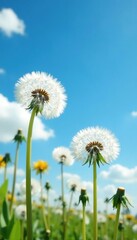 White dandelion flowers against a bright blue sky, cloud, fluffy