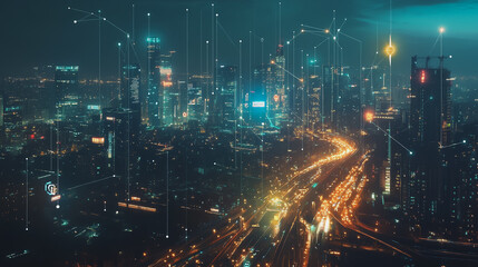 Smart digital Innovation city with connection network reciprocity over the cityscape. of future smart wireless digital city and social media networking systems that connects people with in city