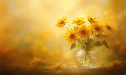 A vase of yellow flowers sits on a table