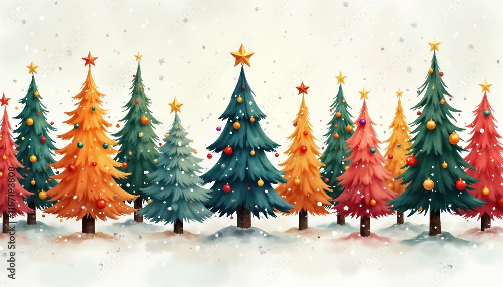 Poster festive watercolor illustration shows row of decorated christmas trees. colorful ornaments adorn tre