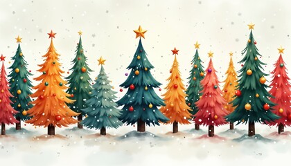 Fototapeta premium Festive watercolor illustration shows row of decorated Christmas trees. Colorful ornaments adorn trees. Snow falls gently around trees in winter wonderland scene. Trees different colors creating