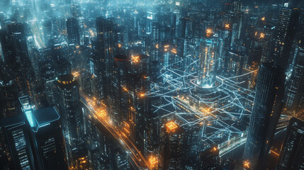 Obraz premium Smart digital Innovation city with connection network reciprocity over the cityscape. of future smart wireless digital city and social media networking systems that connects people with in city