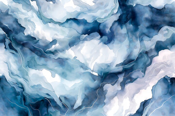 Obraz premium Abstract fluid art with deep blue, white, and light teal tones creating dynamic, flowing shapes, ideal for sophisticated backgrounds, interior decor, branding, and contemporary graphic designs