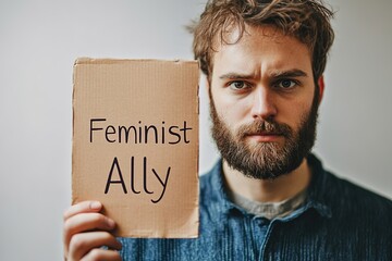 Man holding sign expressing support for feminist movement with s