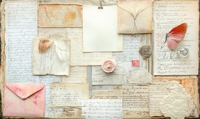 A wall with a collage of letters and pictures