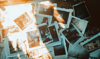 A pile of old photographs with a person in the middle