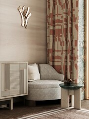 Cozy home interior in light pastel colors with grey armchair, wood sideboard and beautiful decor. Wall mockup, 3d rendering 
