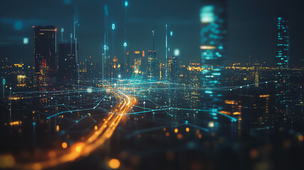 Obraz premium Smart digital Innovation city with connection network reciprocity over the cityscape. of future smart wireless digital city and social media networking systems that connects people with in city