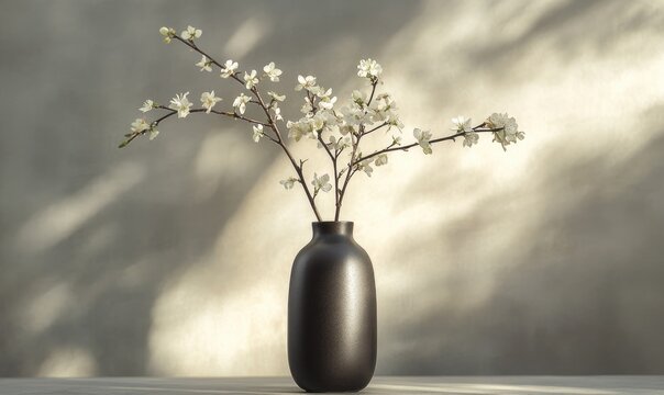 A black vase with white flowers in it