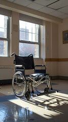 Wheelchair in hospital corridor with elderly woman seated