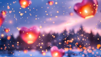 Glowing heart-shaped lanterns fly in the snowy sunset night sky. Romantic and magical background with soft bokeh lights for Valentine's Day, holidays and festive scenes.