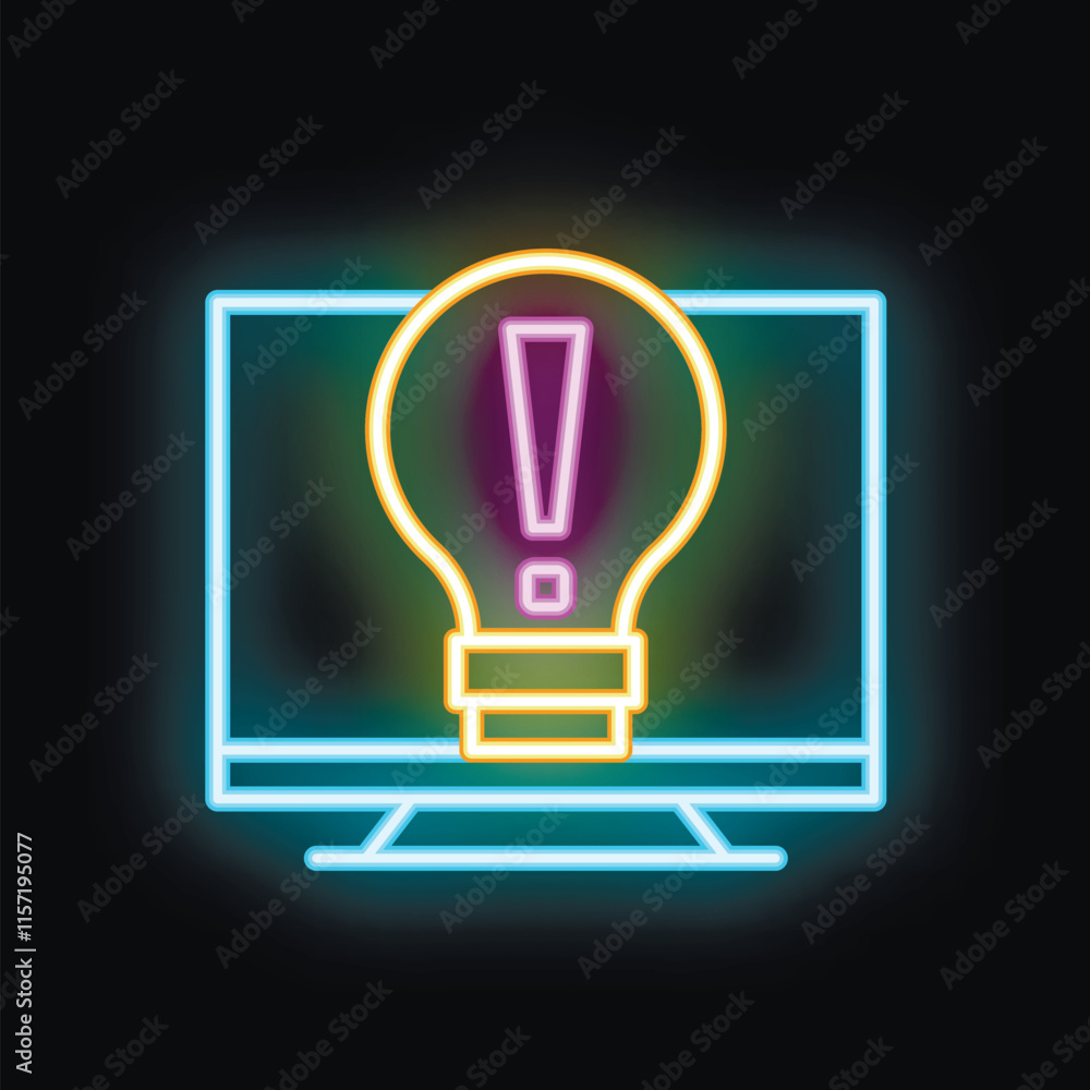 Poster neon lightbulb with exclamation mark displaying on a computer screen, representing online warnings a