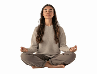 A person meditating with crossed legs and hands resting on knees, dressed in comfortable clothes, isolated on a white background