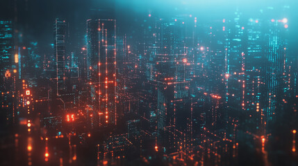 Fototapeta premium Smart digital Innovation city with connection network reciprocity over the cityscape. of future smart wireless digital city and social media networking systems that connects people with in city