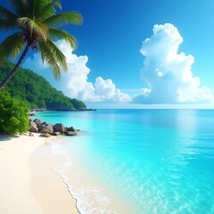 Tropical Paradise Beach with Crystal Clear Waters and Lush Greenery