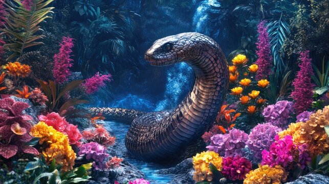 Mystical cobra sculpture framed by bright flowers and elegant decor in a detailed, colorful scene.