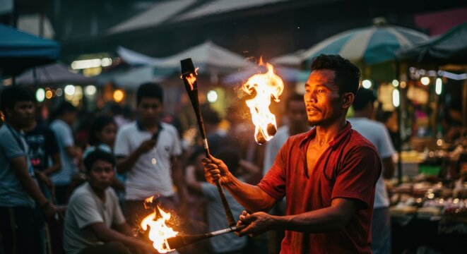 Fire Performer Juggling Flaming Torches In Market