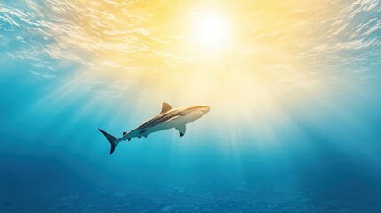 Naklejka premium Shark Swimming in Clear Blue Ocean Under Sunlight