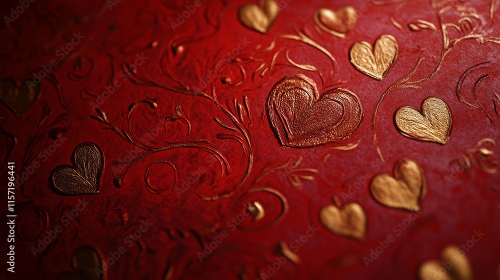 Poster intricate gold and red heart patterns on embossed background