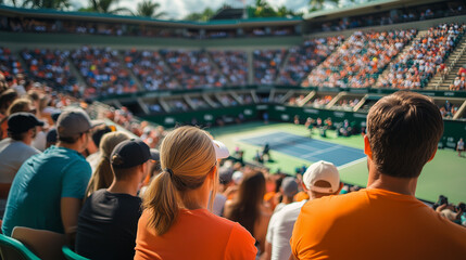Spectators enjoy an exciting tennis match at a crowded stadium under a bright sky