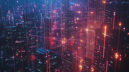 Fototapeta premium Smart digital Innovation city with connection network reciprocity over the cityscape. of future smart wireless digital city and social media networking systems that connects people with in city