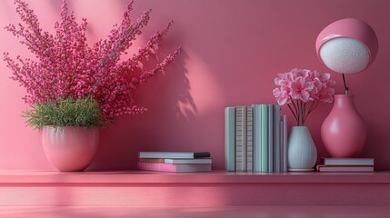 Pink shelf with flowers, books, and lamp.