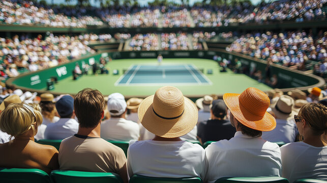 Crowd enjoys a thrilling tennis match under the sun at a vibrant outdoor stadium