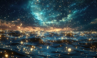 Naklejka premium A starry night sky with a blue ocean