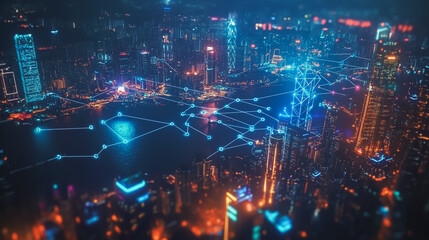 Fototapeta premium Smart digital Innovation city with connection network reciprocity over the cityscape. of future smart wireless digital city and social media networking systems that connects people with in city