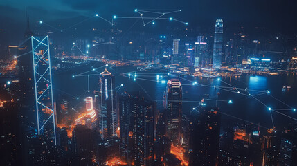 Fototapeta premium Smart digital Innovation city with connection network reciprocity over the cityscape. of future smart wireless digital city and social media networking systems that connects people with in city