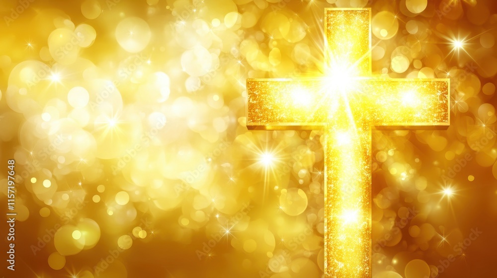 Poster golden cross with sparkling light on a shimmering background