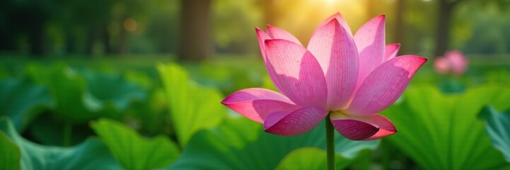 The delicate pink petals of the lotus flower exposed to sunlight in the forest, floral details, foliage
