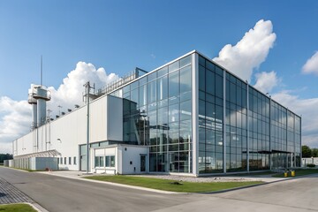 Obraz premium Modern Industrial Plant Exterior with Glass Facade and Blue Sky