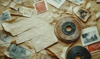A bunch of old photos and a roll of tape