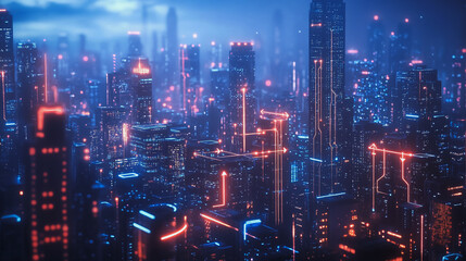 Fototapeta premium Smart digital Innovation city with connection network reciprocity over the cityscape. of future smart wireless digital city and social media networking systems that connects people with in city